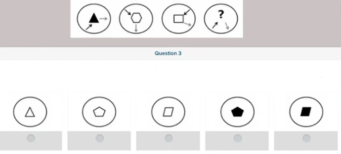 Sequence of circles containing polygons and two arrows, followed by five polygon answer options