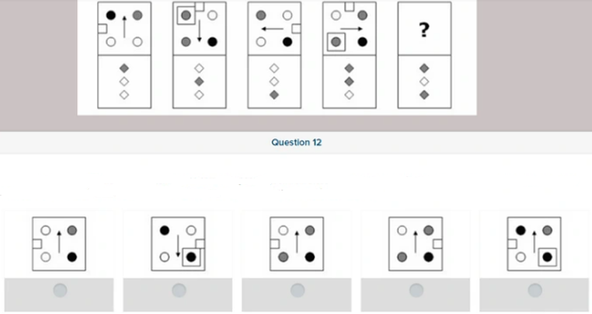 SHL-style inductive reasoning coded dependency sequence with circles, arrows, squares and lower diamond codes