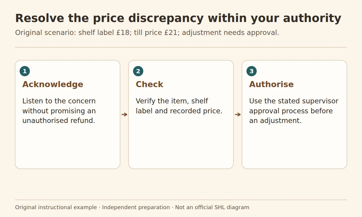 SHL retail assessment preparation: a retail price-discrepancy response for a shelf price of £18 and till price of £21, requiring verification and authorised adjustment.