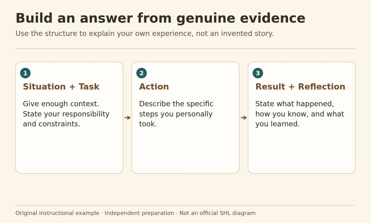SHL video interview preparation: an interview answer structure linking Situation and Task to specific Action, Result and Reflection.