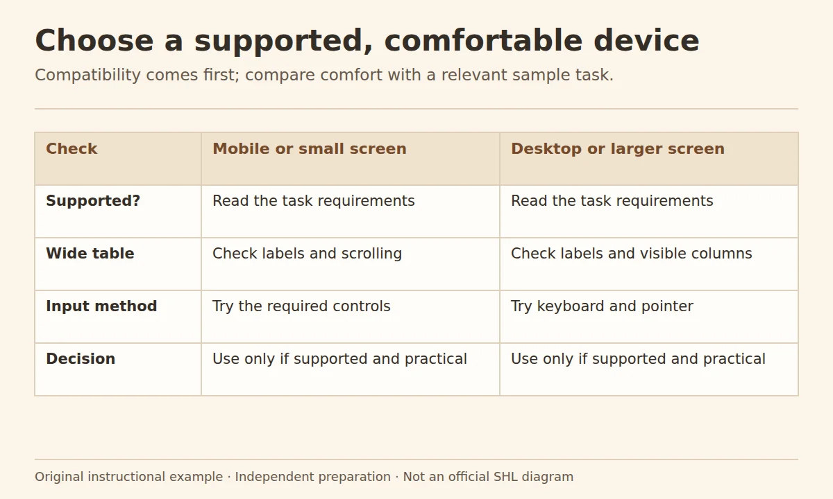 SHL mobile or desktop: a device comparison checking support, wide-table readability and the required input method.