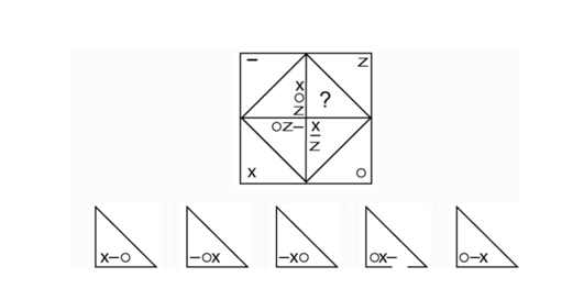 SHL-style inductive reasoning quadrant-symbol problem with X, O, Z and dash symbols and five triangular answer options