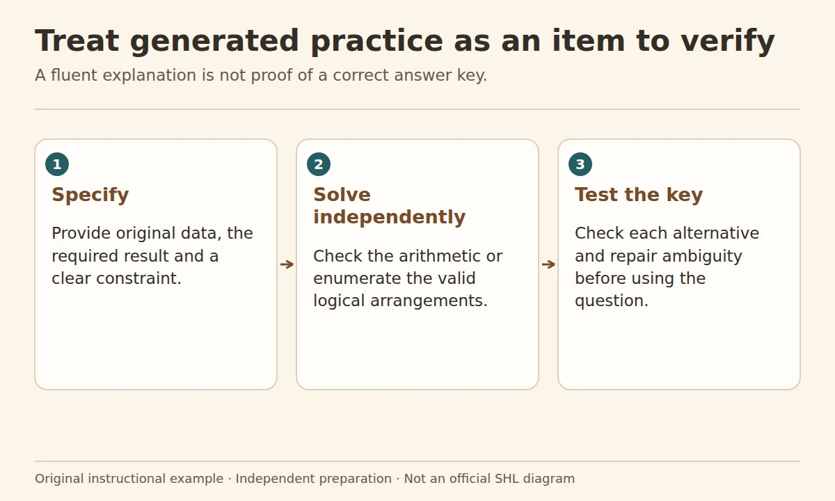 SHL AI practice prompts: a verification workflow for AI-generated practice: specify the exercise, solve independently and test the answer key.