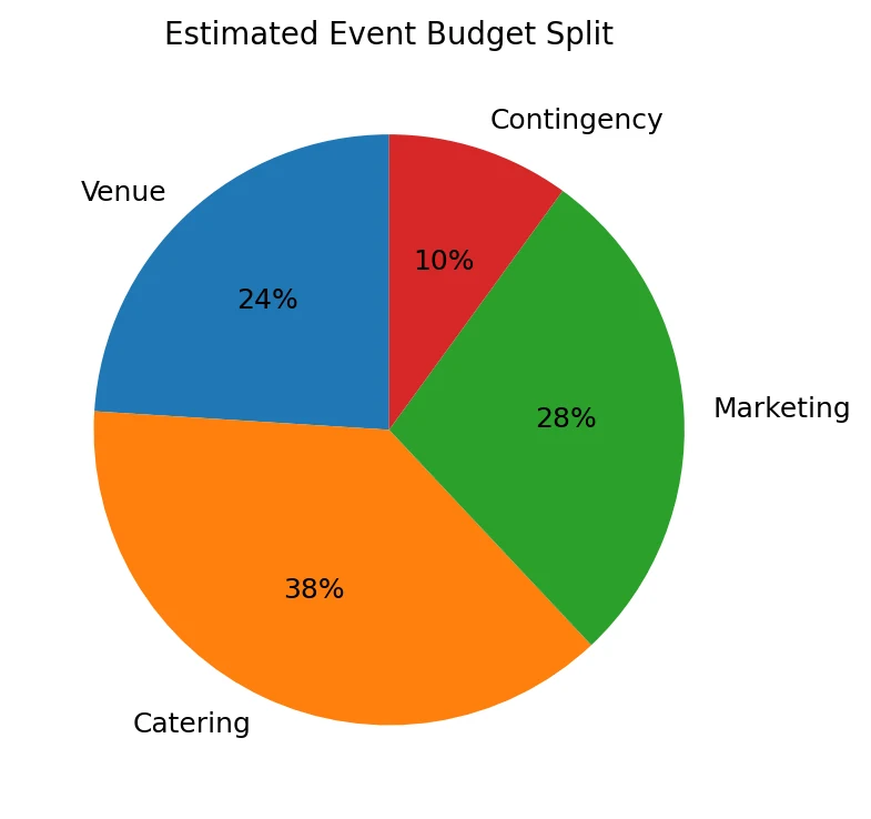 Pie chart showing an event budget split, used to calculate the total from a £4,800 venue cost