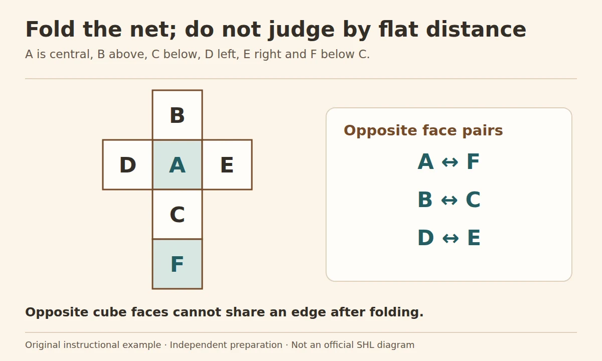 SHL spatial reasoning practice: a labelled cube net with B above A, C and F below, D left and E right, identifying opposite pairs A–F, B–C and D–E.