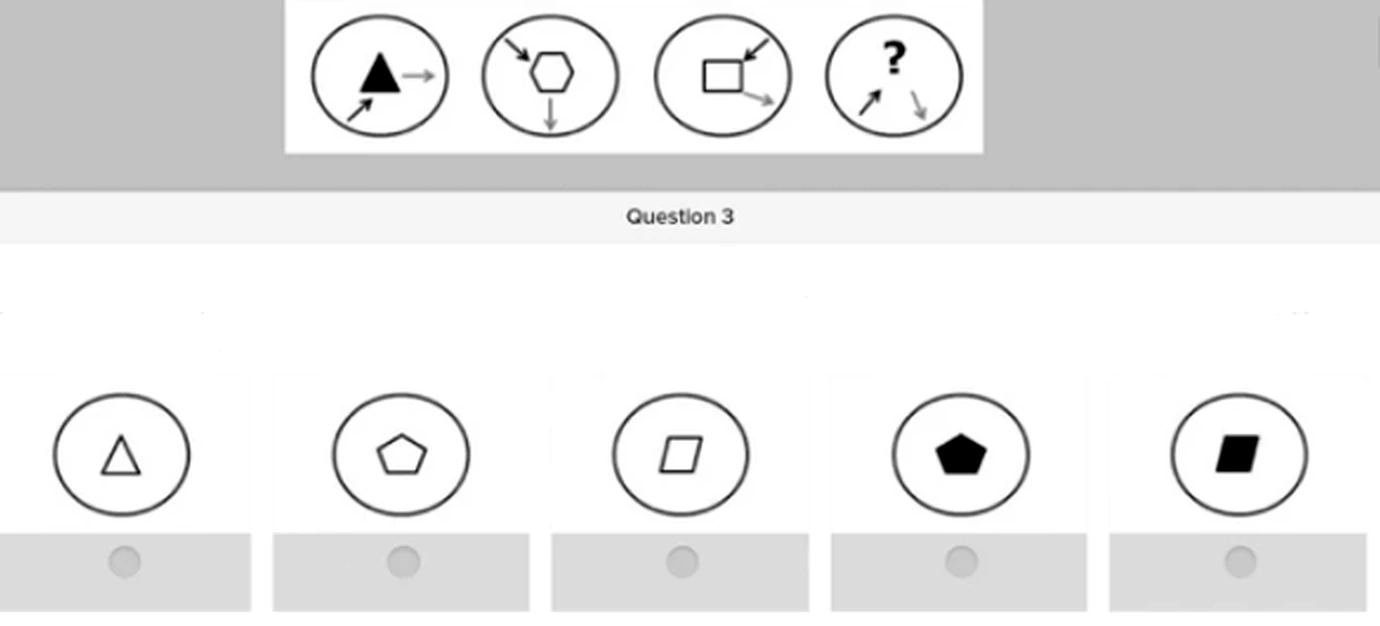 Which shape replaces the question mark? Which shape replaces the question mark? The visual should be analysed for geometry, direction, fill. Five answer options are provided below the diagram.