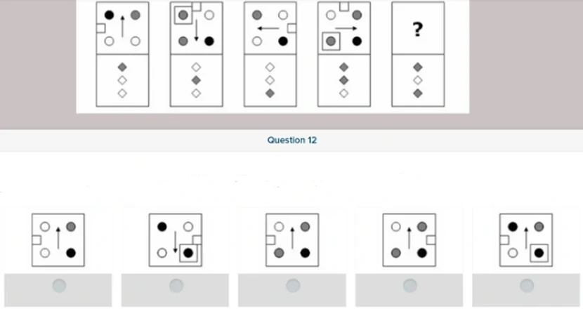 Inductive reasoning sequence with four coded panels, a missing fifth panel and five answer options