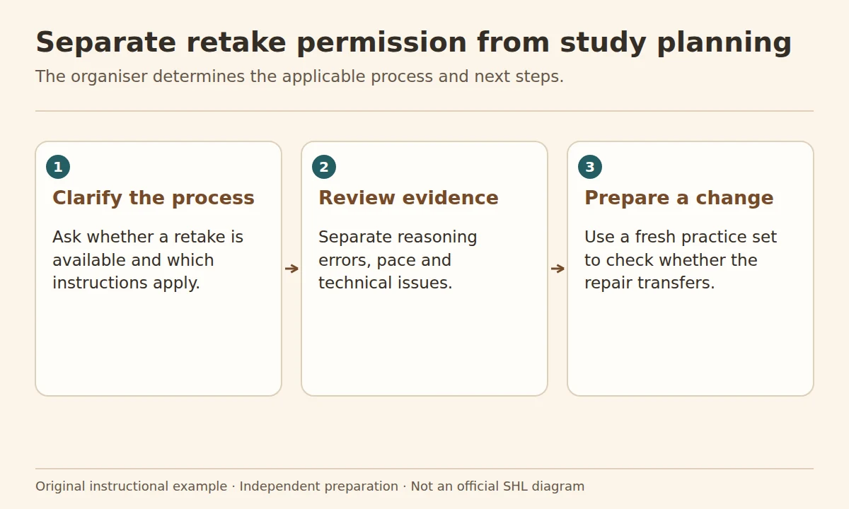 SHL test retake: a retake preparation sequence separating organiser permission, evidence review and fresh practice.