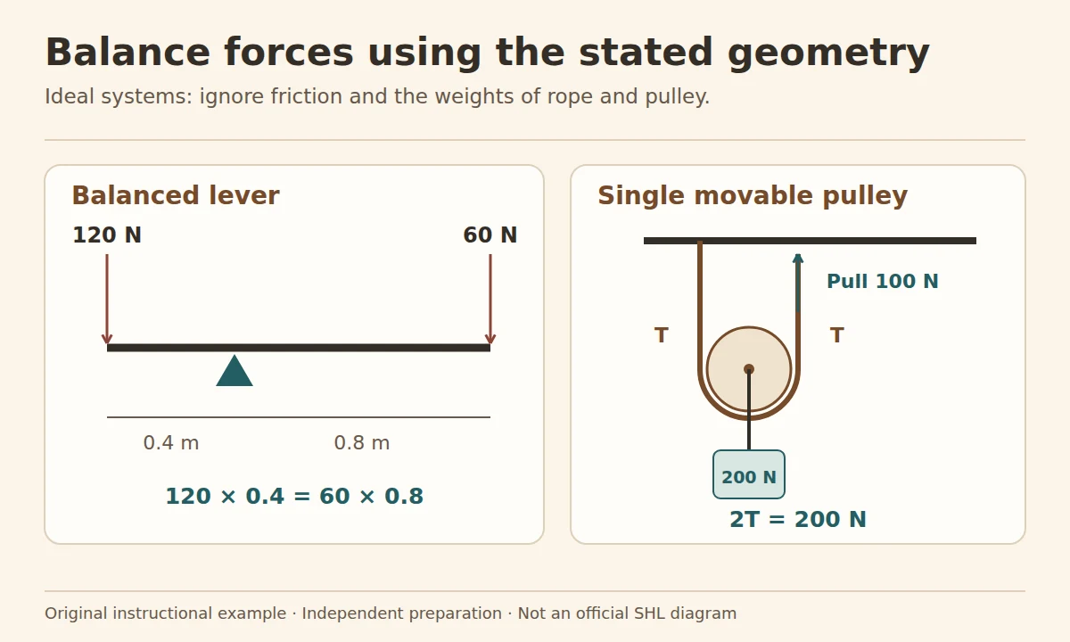SHL mechanical comprehension practice: a balanced lever with 120 N at 0.4 m and 60 N at 0.8 m, plus an ideal movable pulley sharing a 200 N load across two 100 N tensions.