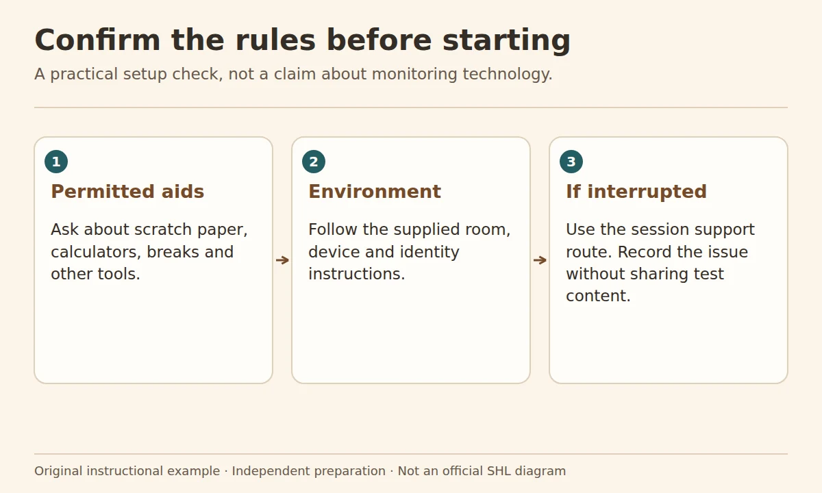 SHL proctoring: three checks covering permitted aids, environment instructions and the support route for interruptions.