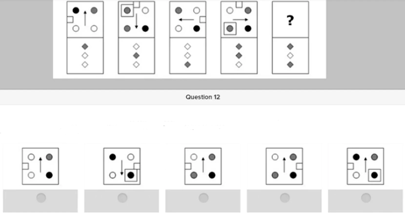 Which upper panel completes the sequence? Which upper panel completes the sequence? The visual should be analysed for alternation, position, fill. Five answer options are provided below the diagram.